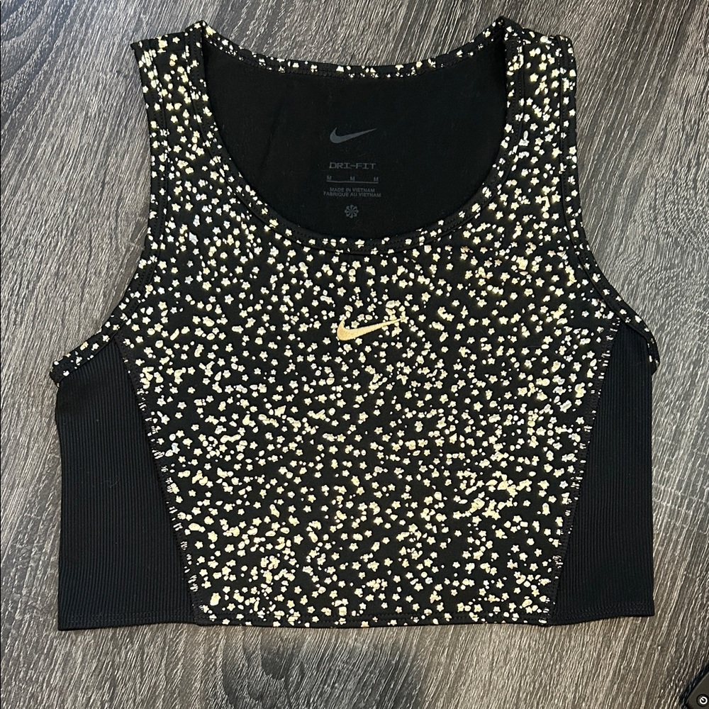 Nike Black Crop Tank with Cream Speckle and Gold Swoosh